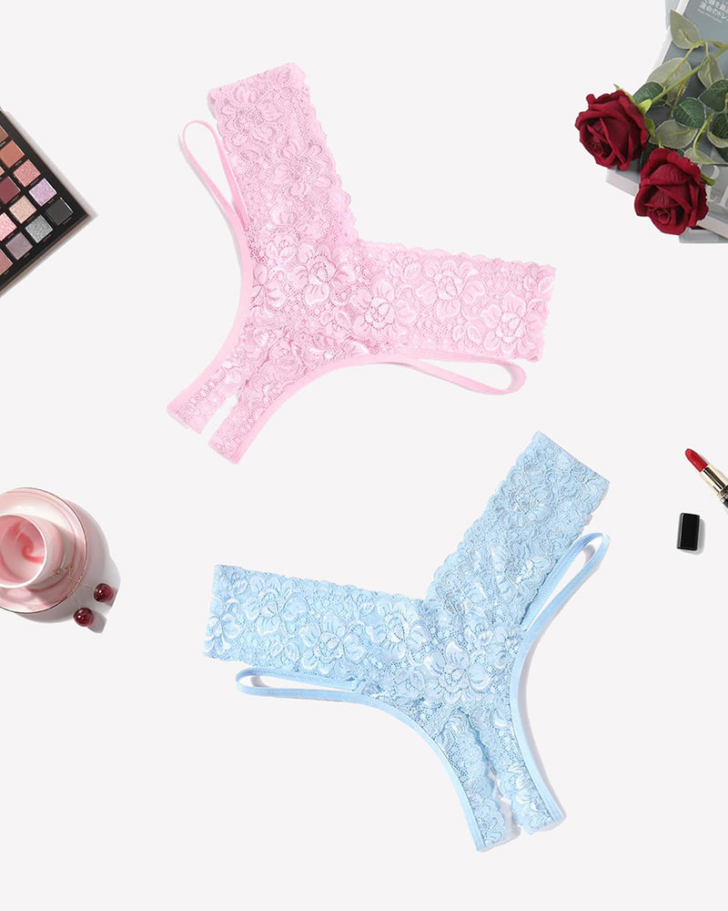 Lace V-shape cheeky panties in pink and light blue, lace thong-style cut