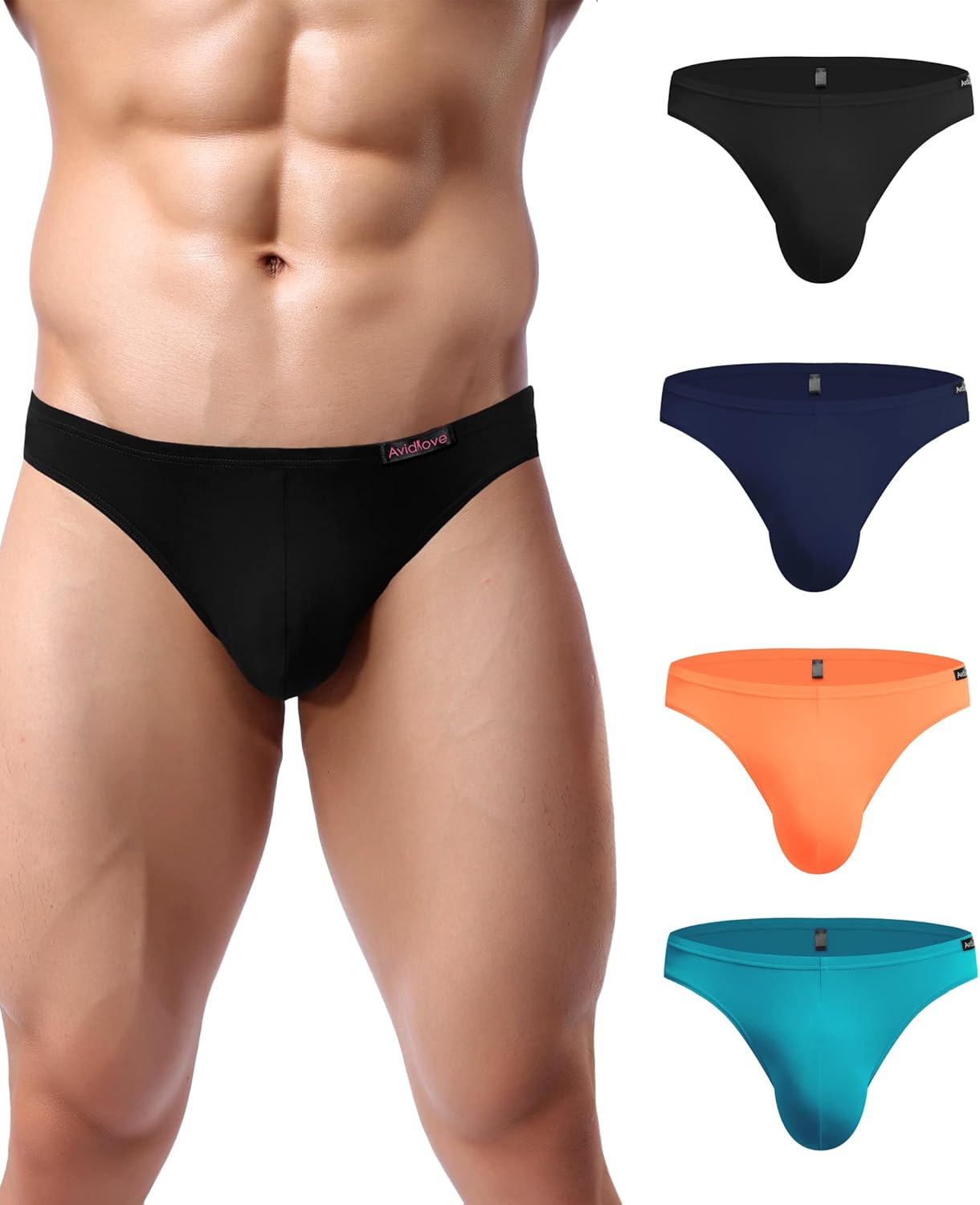 Men's low-rise hip briefs in black, navy, orange, and teal colors