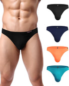 Men's low-rise hip briefs in black, navy, orange, and teal colors