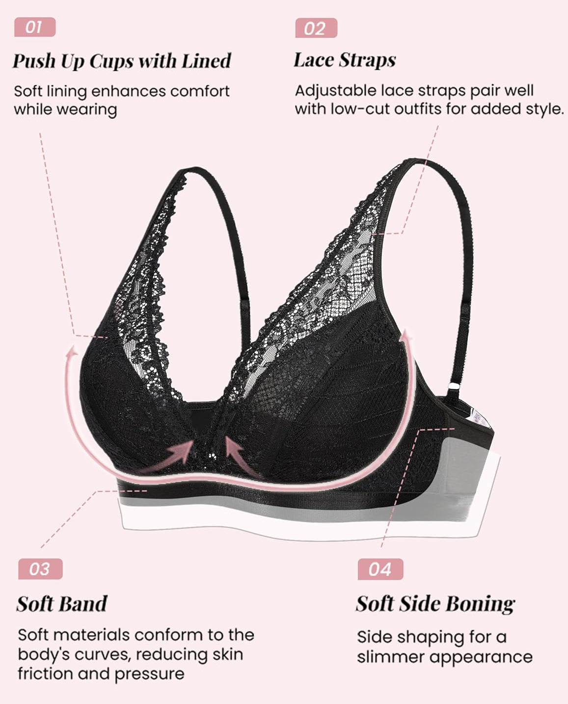 Black lace wireless bralette with lined cups, lace straps, soft band and side shaping