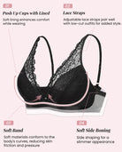 Black lace wireless bralette with lined cups, lace straps, soft band and side shaping