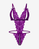 Purple lace deep V bodysuit teddy with scalloped trim and bow shoulder straps