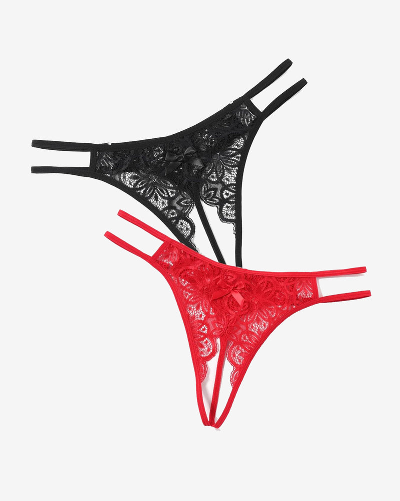 Floral lace thong briefs set with cute bow, in black and red