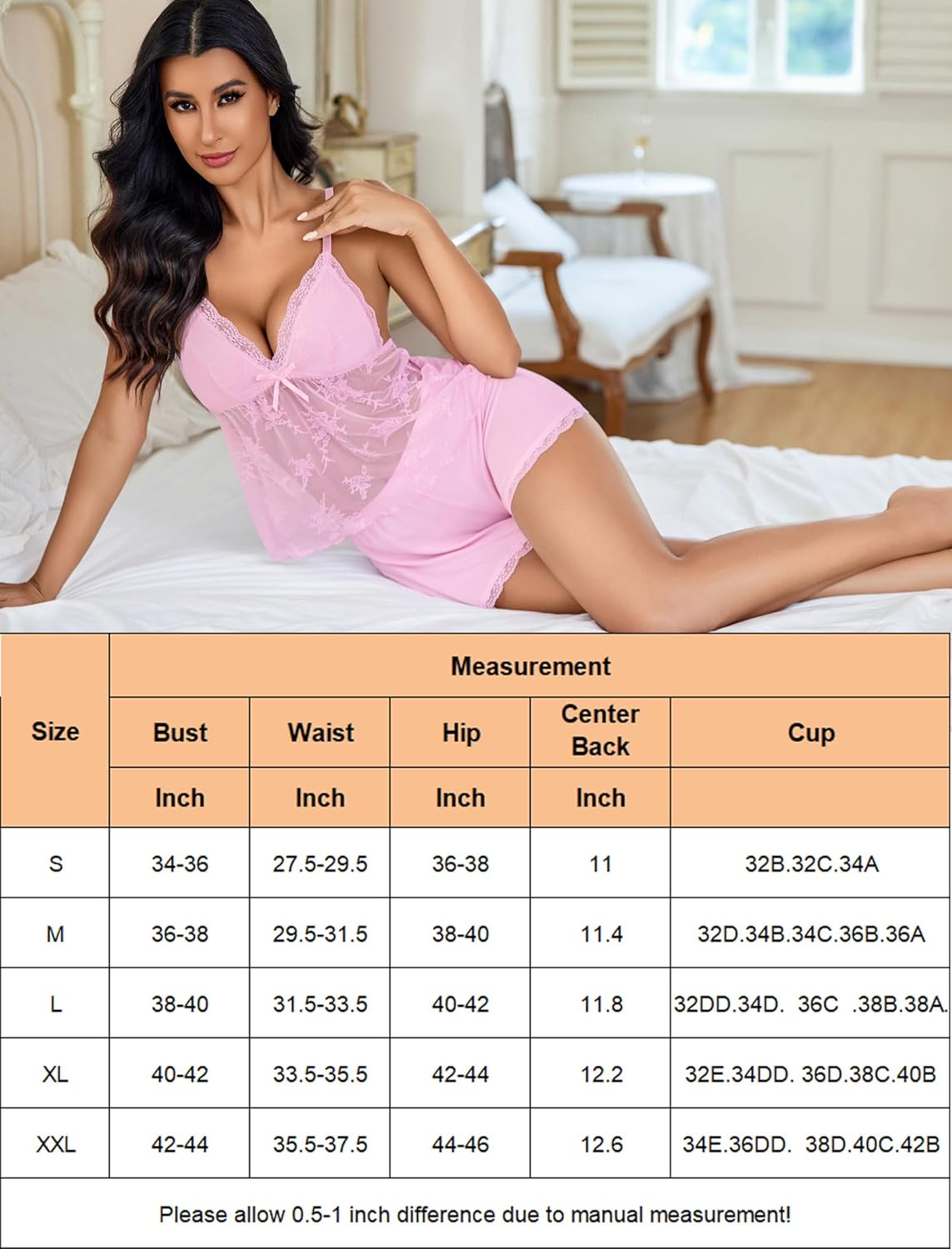 Pink lace-trim pajama camisole and shorts set with bow at bust