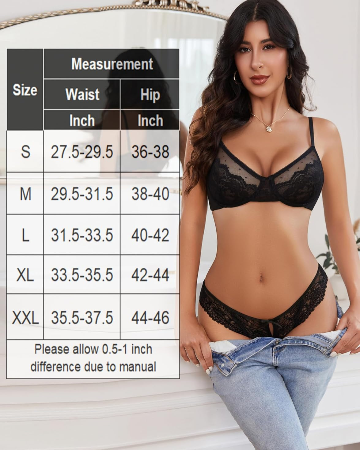 Black lace thong panties with bow and ribbon ties, model wearing