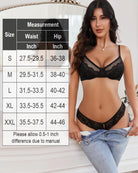 Black lace thong panties with bow and ribbon ties, model wearing