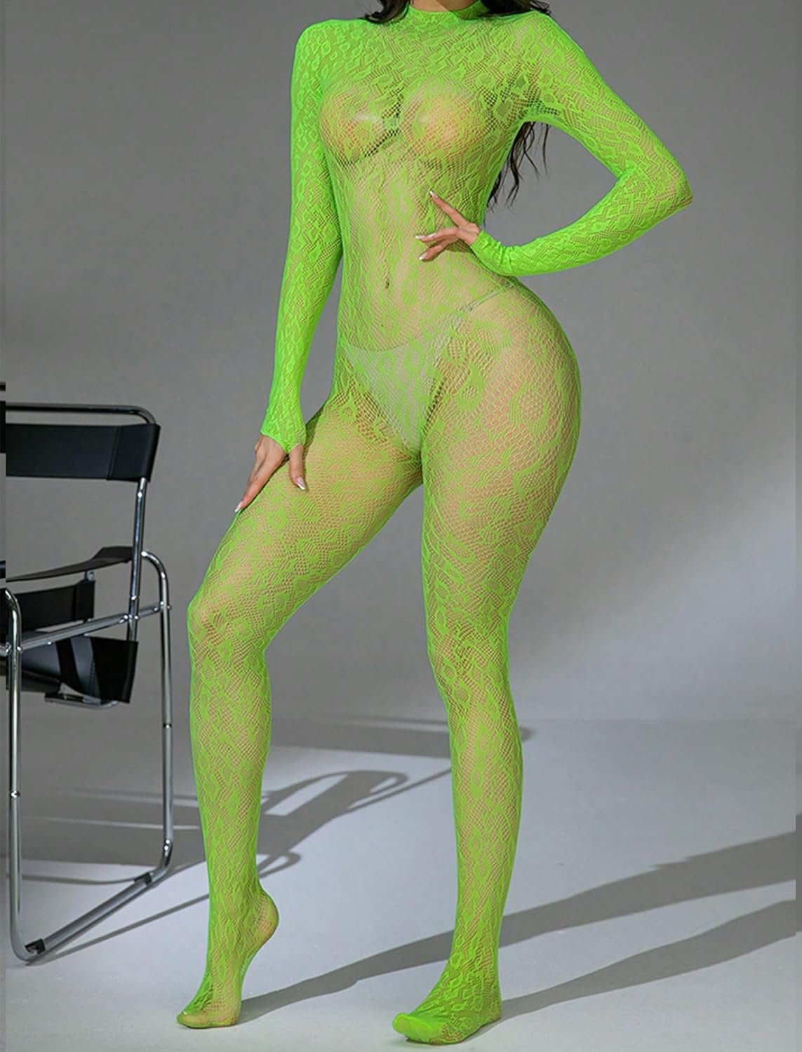 Neon green fishnet mesh bodysuit with long sleeves and high-cut leg openings