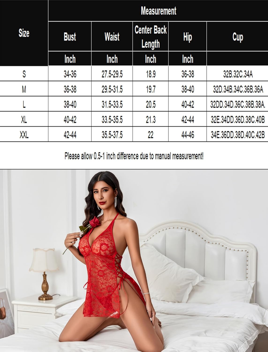 Red lace boudoir chemise with deep V halter front and side slit