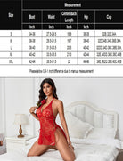 Red lace boudoir chemise with deep V halter front and side slit