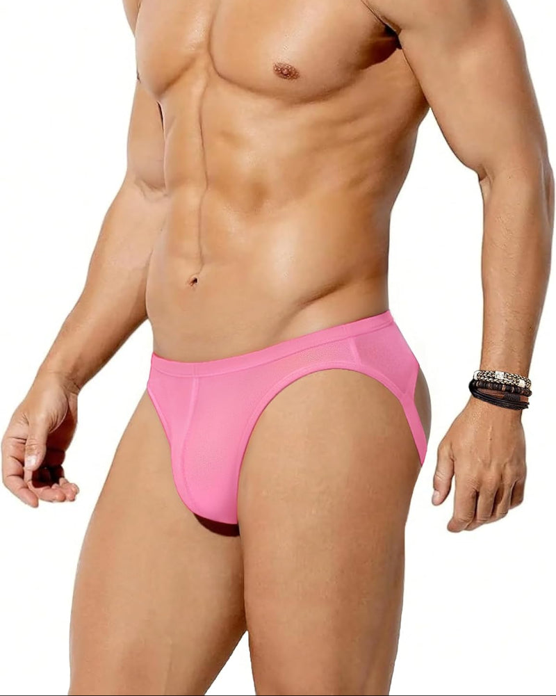 Men's mesh jock strap with thong cut, bright pink