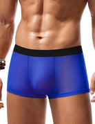 Men's blue mesh boxer briefs with stretchy waistband