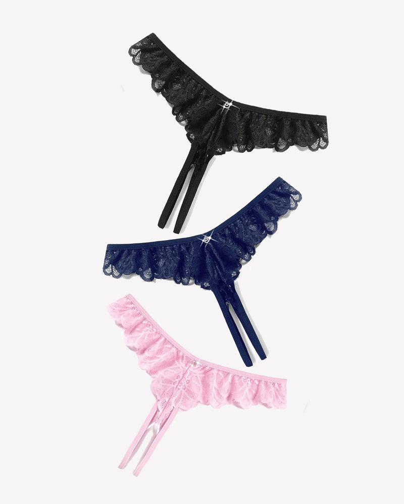 Lace thong briefs set: black, navy, and pink with crisscross ribbon ties