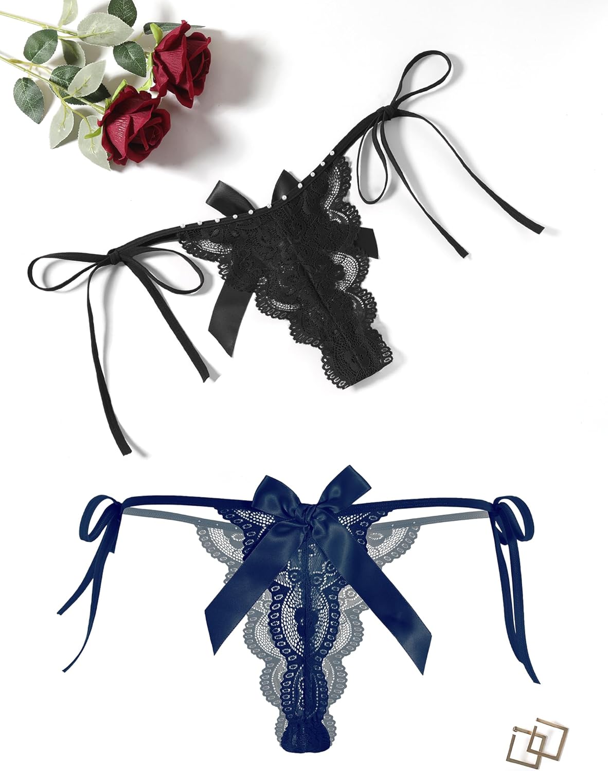 Lace thong with bows in black and navy, tie side straps