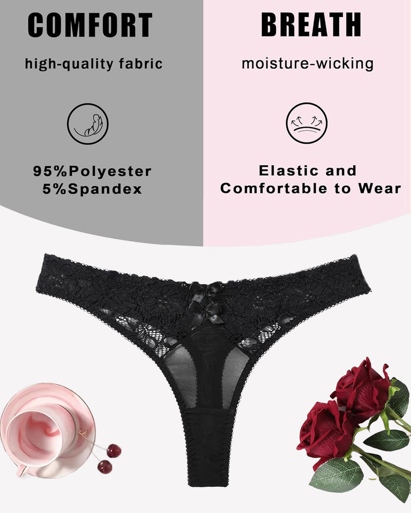 Black lace mesh low-waist thong with scalloped edges and center bow detail