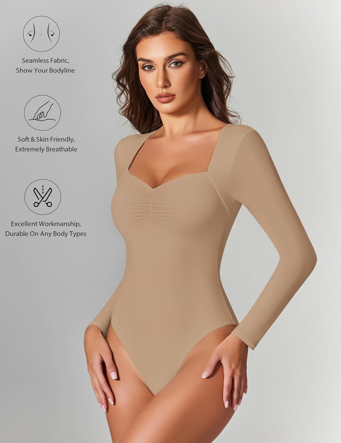 Beige sweetheart neckline bodysuit top with long sleeves, front view