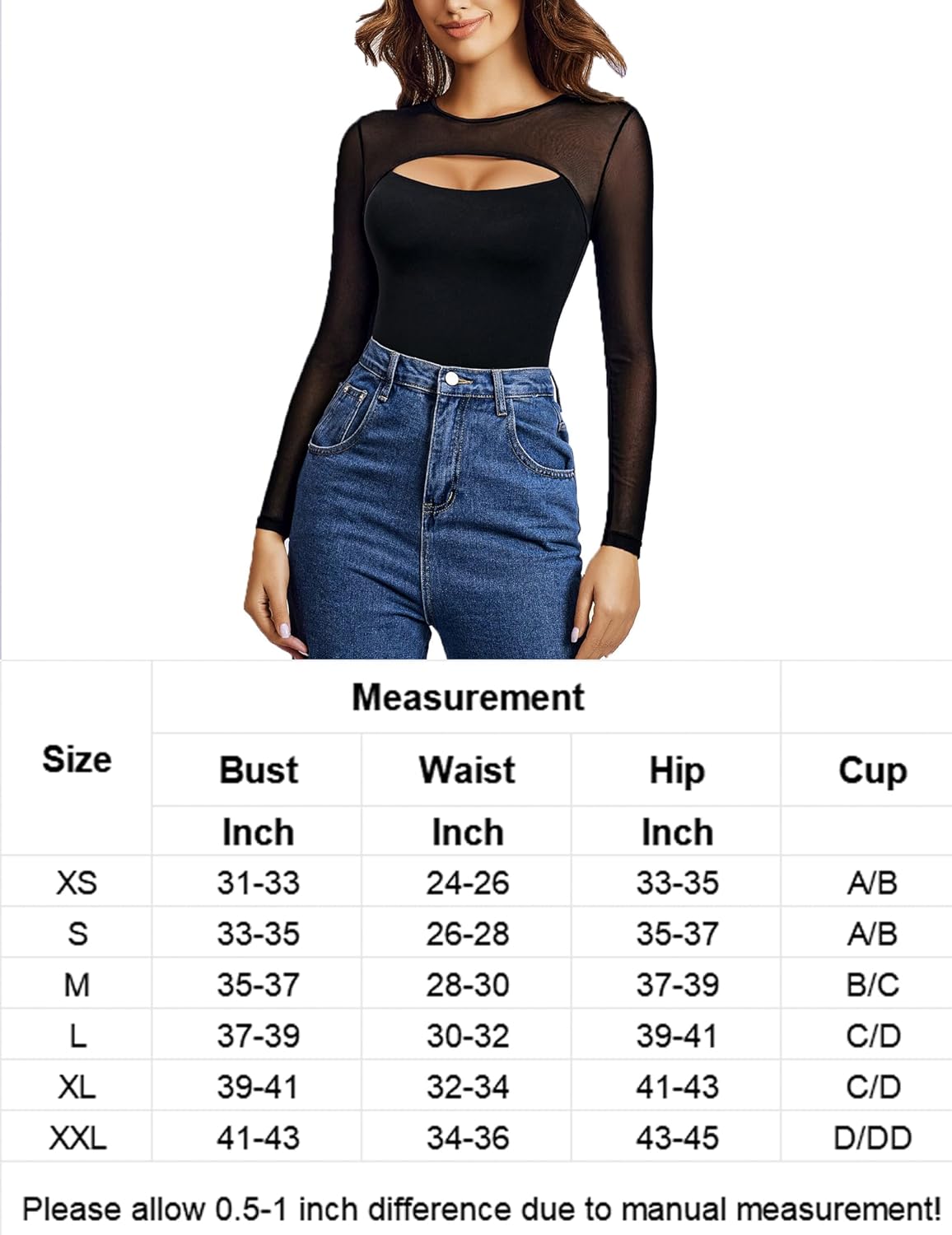 Black long-sleeve mesh bodysuit with oval chest cutout