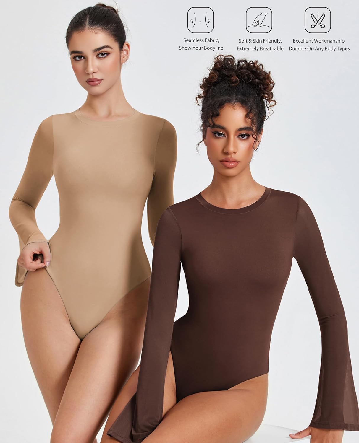 Long sleeve thong bodysuit set, nude and brown, flared sleeves