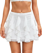 White layered ruffle mesh mini skirt with tiered flounce hem