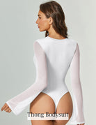 Long sleeve thong bodysuit, white, sheer flared sleeves, thong back