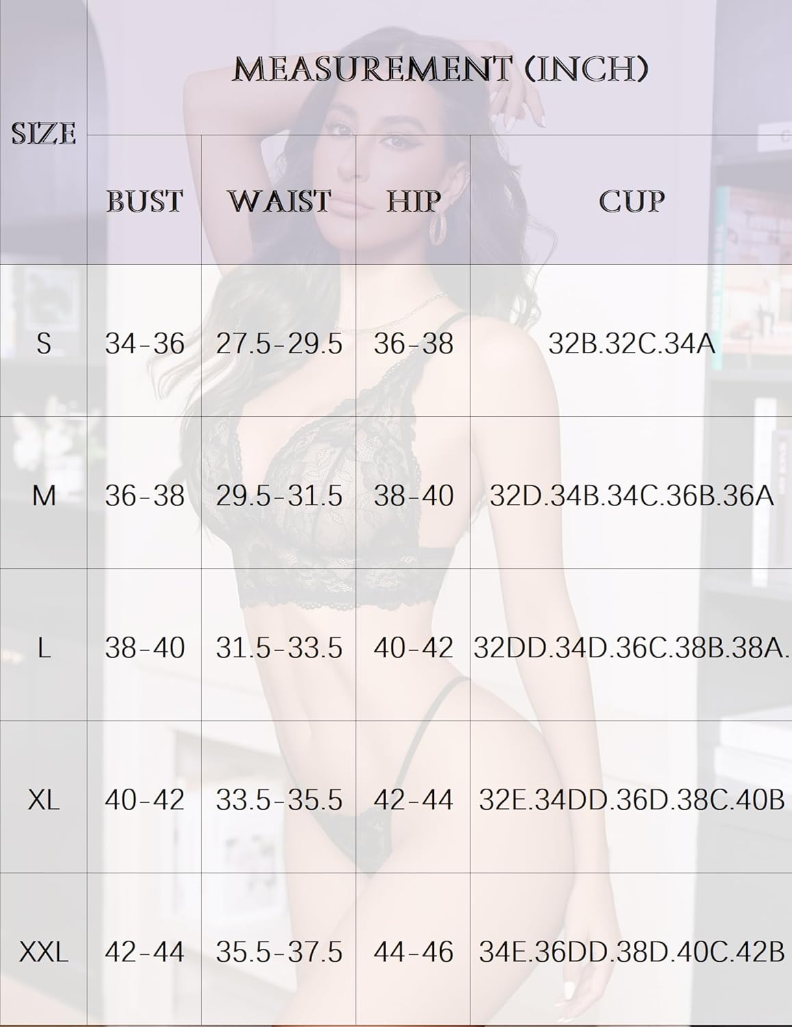 Lingerie set size chart showing bust, waist, hip measurements and cup sizes by size