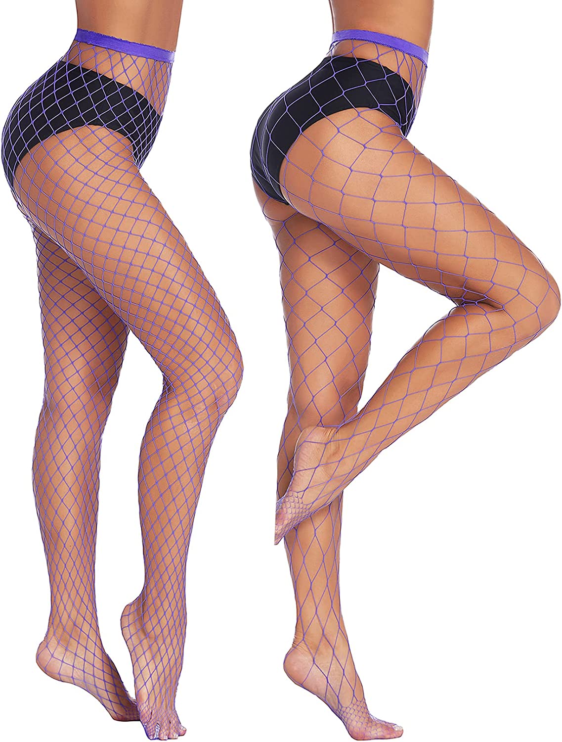Plus-size fishnet stockings with diamond net pattern, light purple and blue