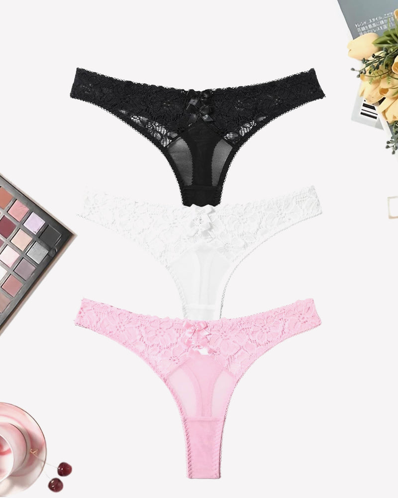 Black, white, and pink mesh lace low-waist thong panties with scalloped lace trim