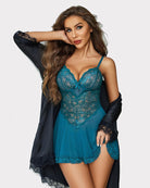 Blue-green lace chemise nightgown with scalloped hem and lace bra cups