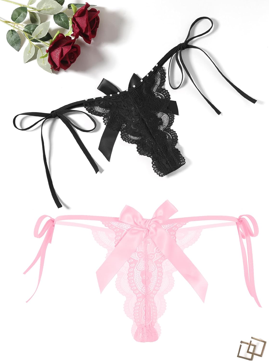Lace thong with bows in black and pink, tie side straps