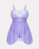 Plus size lace nighty, lavender sheer babydoll with lace cups and crisscross strap back