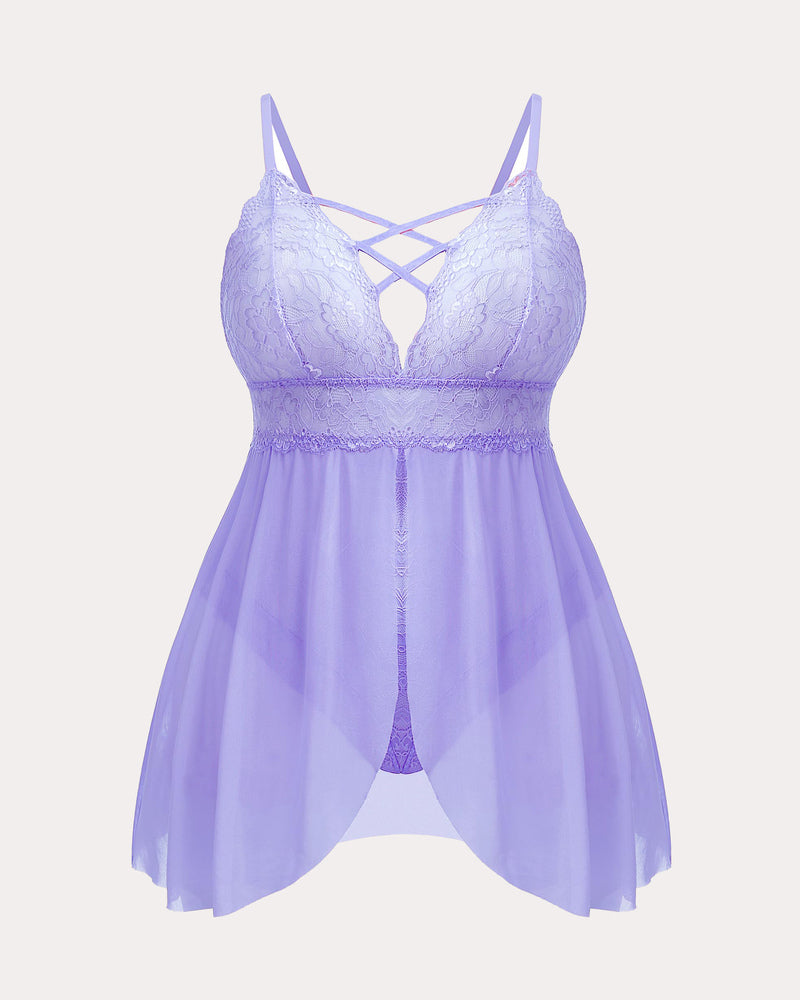 Plus size lace nighty, lavender sheer babydoll with lace cups and crisscross strap back