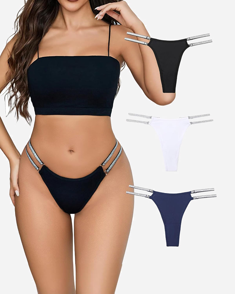 Low-waist Brazilian tanga panties set in black, white, and navy blue with silver trim