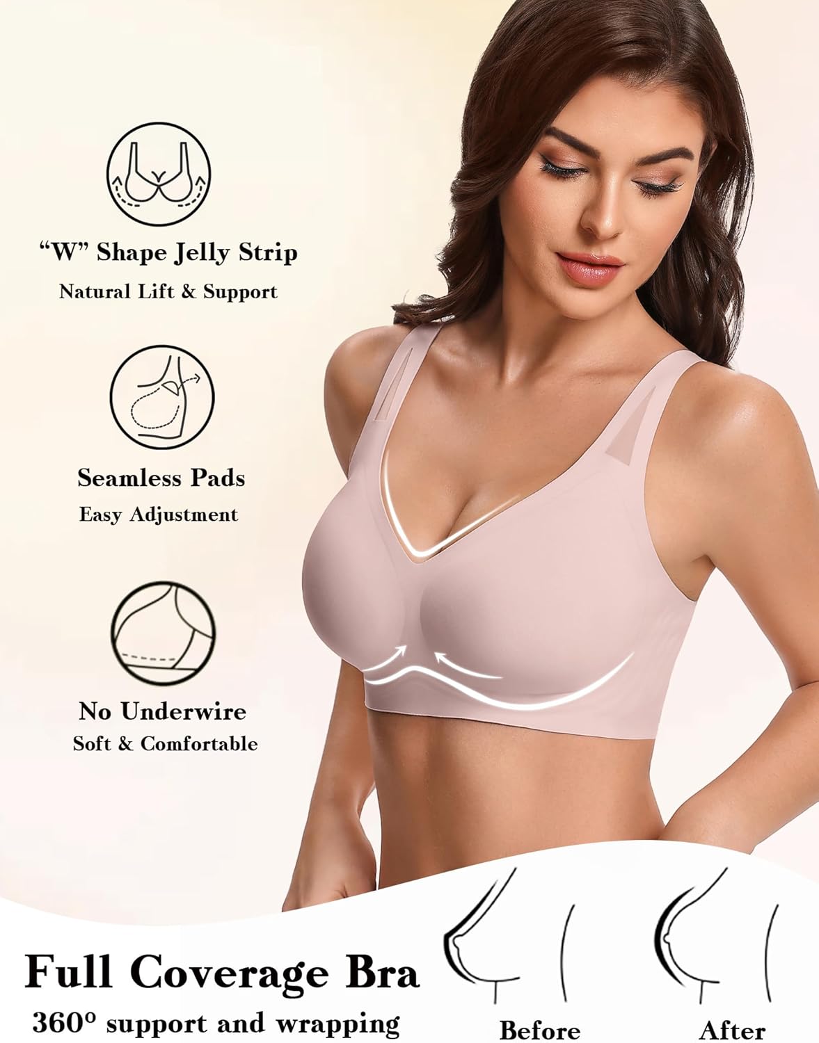 Wireless full-coverage bra in nude pink with smooth seamless cups, V-neck
