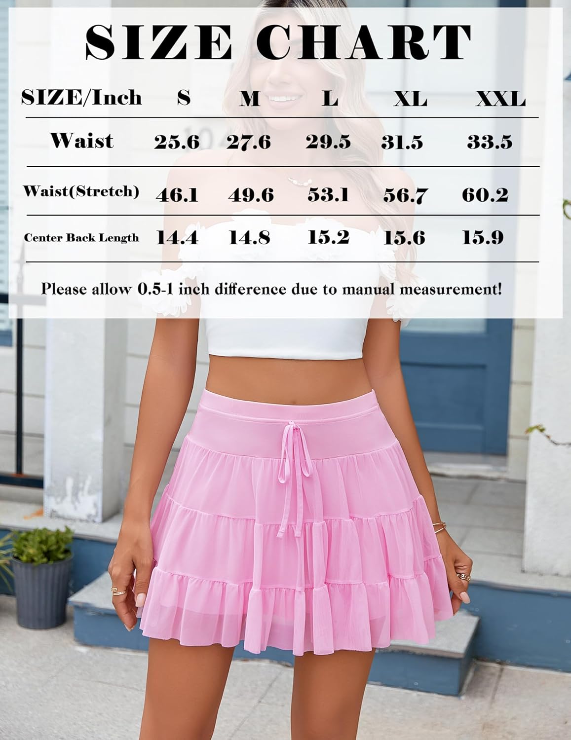 Pink pleated mini skirt with tiered ruffle layers and elastic waistband