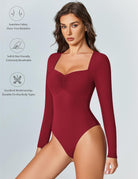 Sweetheart neckline bodysuit top, long-sleeve wine red, ruched bust, thong back