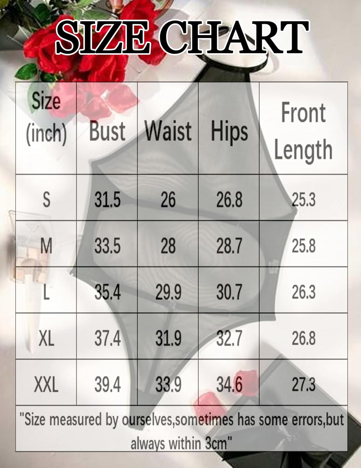 Size chart table for mesh sheer embroidered bodysuit, front length and measurements
