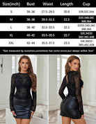 Sheer hollow drawstring blouse size chart with bust, waist, length, and cup