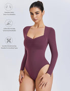 Plum sweetheart neckline long-sleeve bodysuit with ruched bust detail