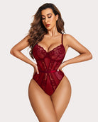 Dark red lace underwire snap-crotch bodysuit with sheer mesh and lace cups