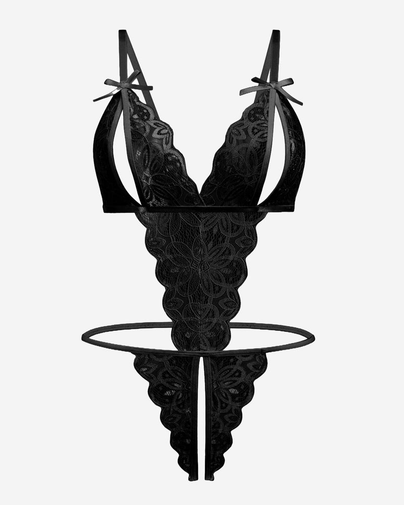 Black lace deep V bodysuit with tie shoulder straps and thong bottom