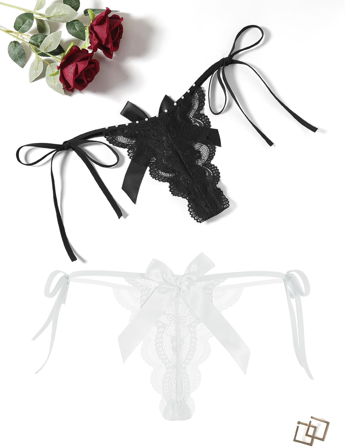 Lace thong with bows in black and white, tie side straps