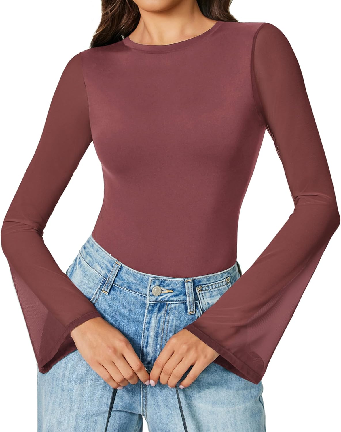 Long-sleeve bodysuit in dark plum, flared cuffs, thong cut