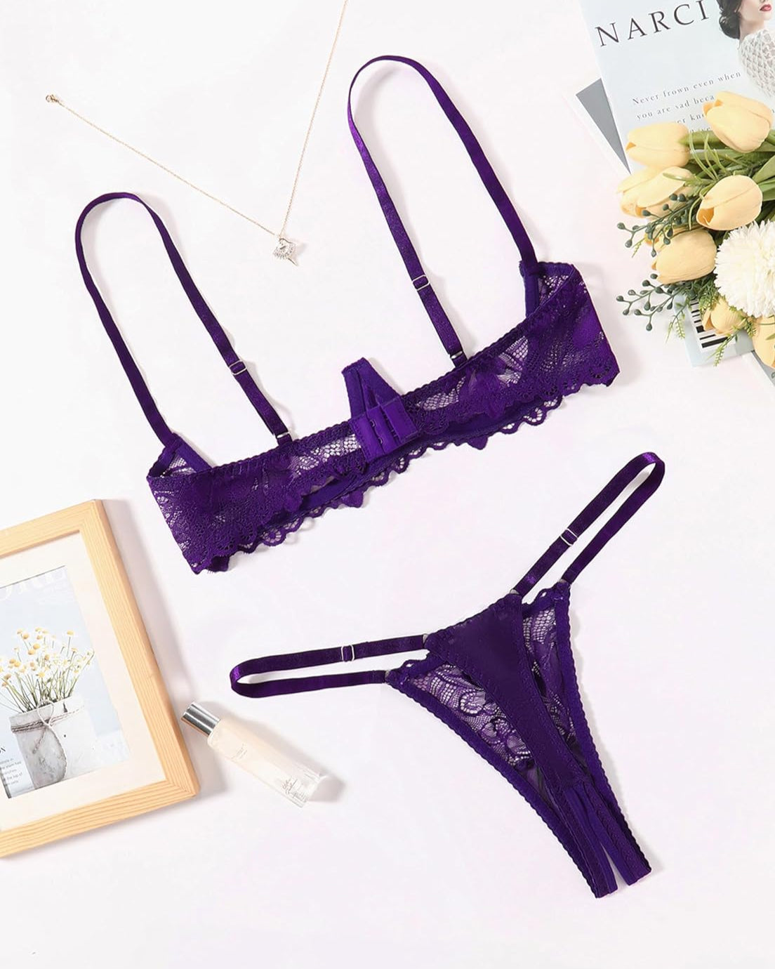 Purple lace underwire bra and matching thong set with scalloped lace edging