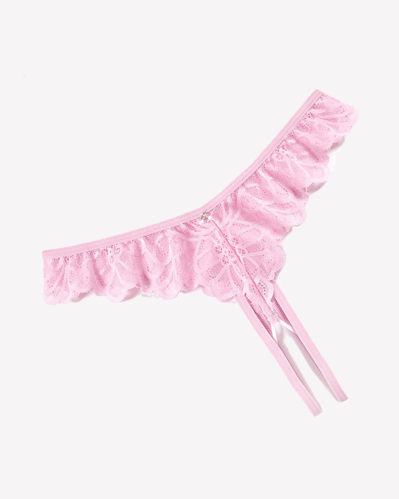 Pink lace criss-cross thong briefs with scalloped ruffle edge and side ties