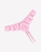 Pink lace criss-cross thong briefs with scalloped ruffle edge and side ties
