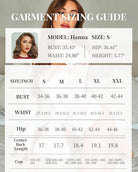 Garment sizing guide chart with model bust, waist, hip, and size measurements