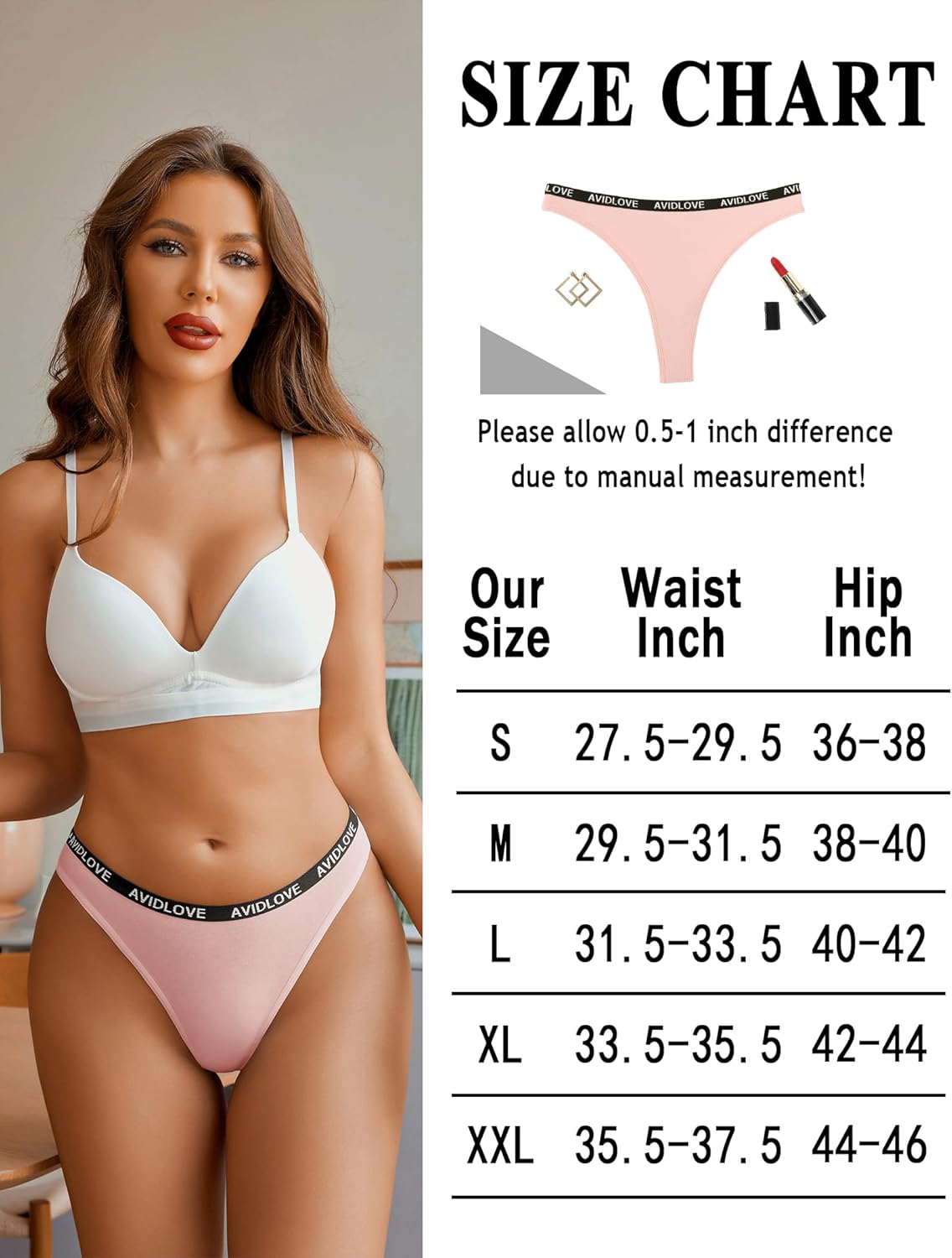 Cotton low-rise thong panties, blush pink with Avidlove logo waistband and narrow back coverage