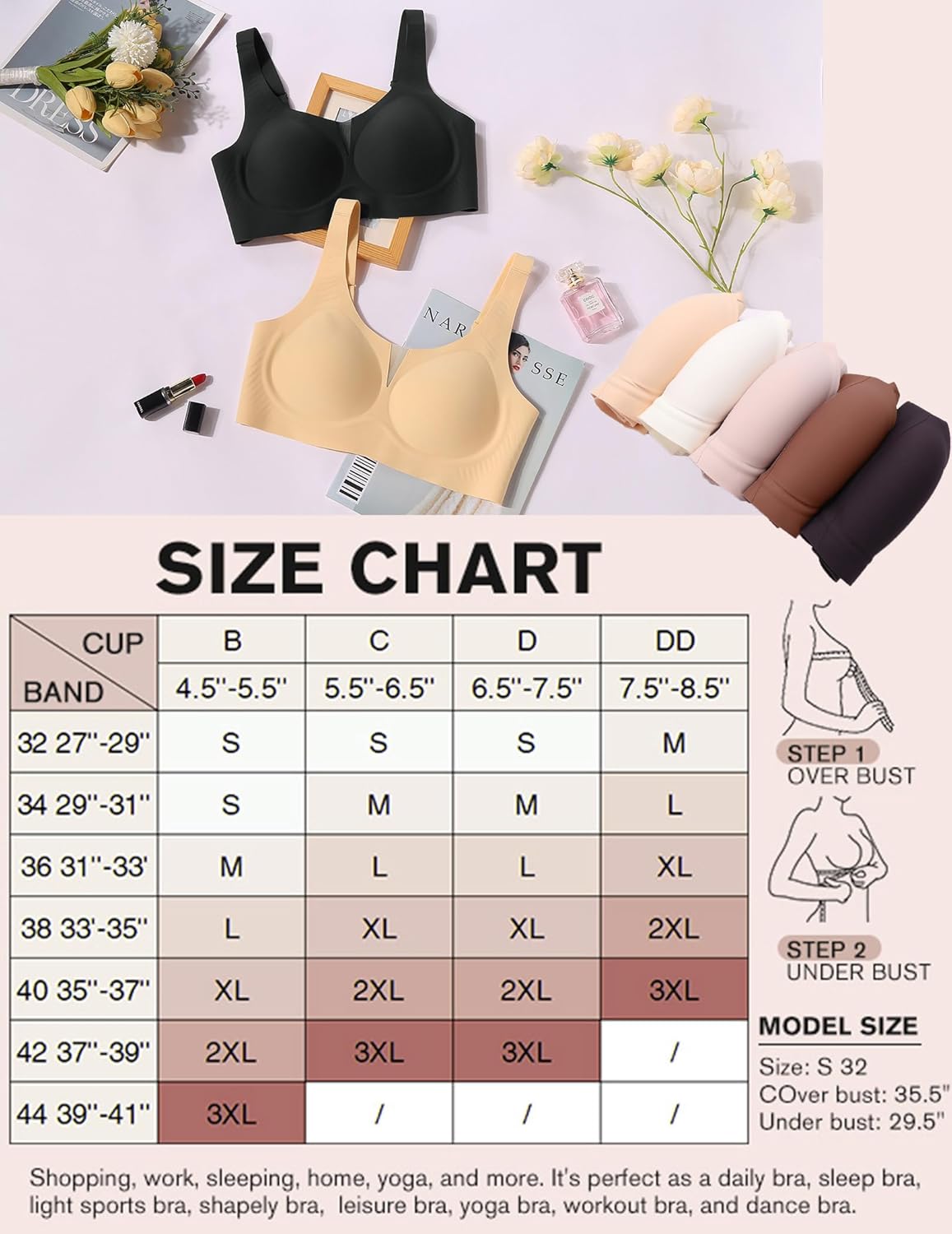 Seamless deep V comfort bra styles shown, including black and nude/beige bras
