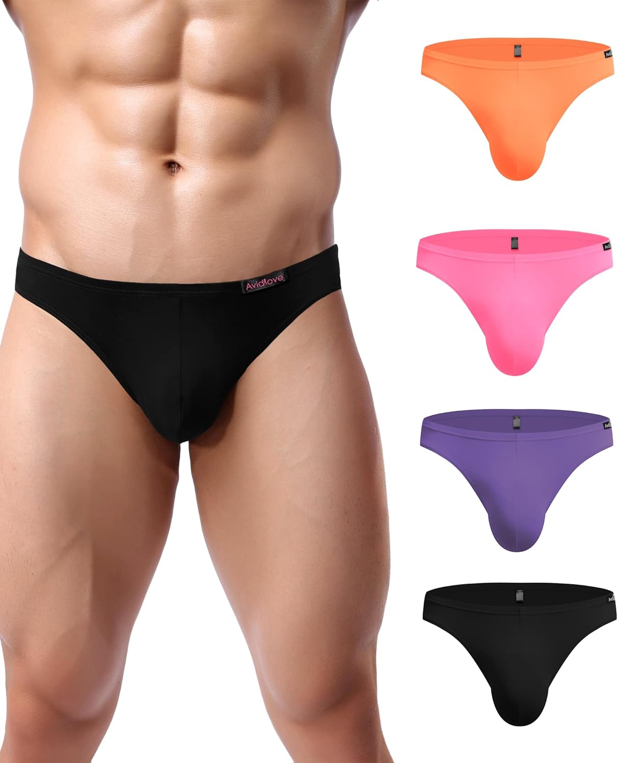 Men's low-rise hip briefs, black, orange, pink, purple