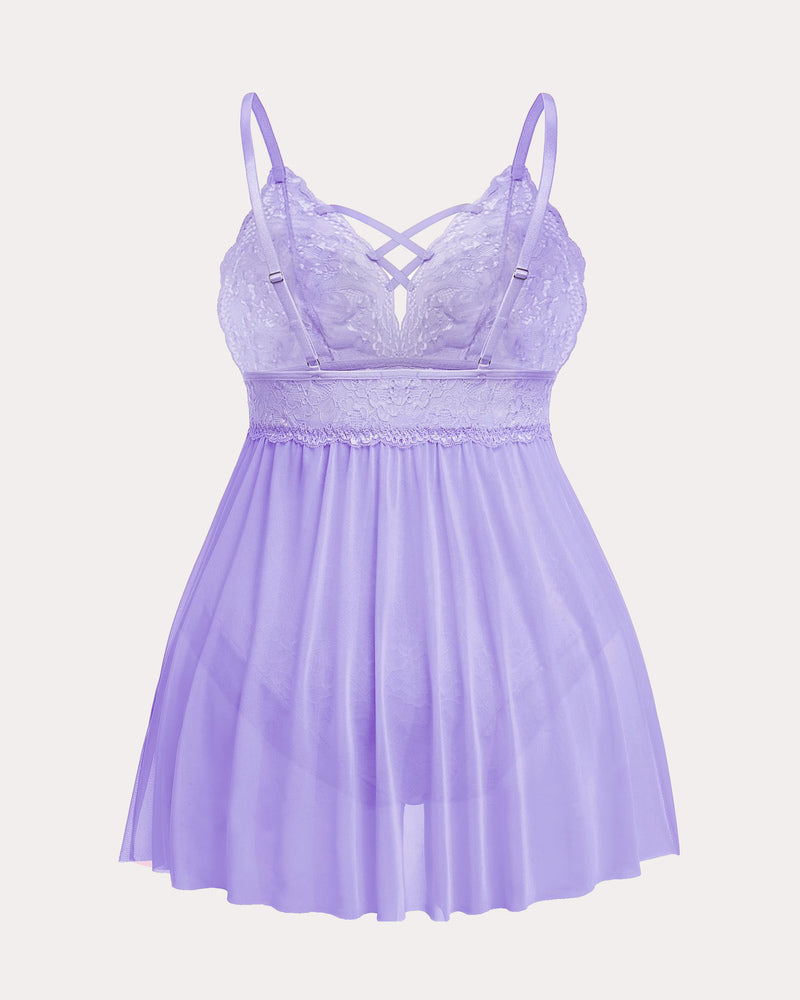 Plus size lace nighty, lavender sheer babydoll with lace bust and crisscross back strap
