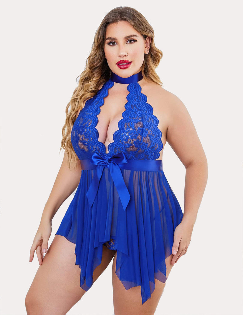 Royal blue lace high-waist teddy babydoll with halter neckline, ribbon tie, and sheer skirt